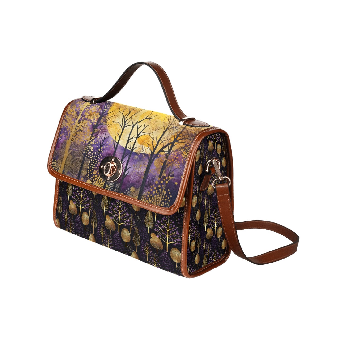 Purple twilight gold forest Satchel Bag