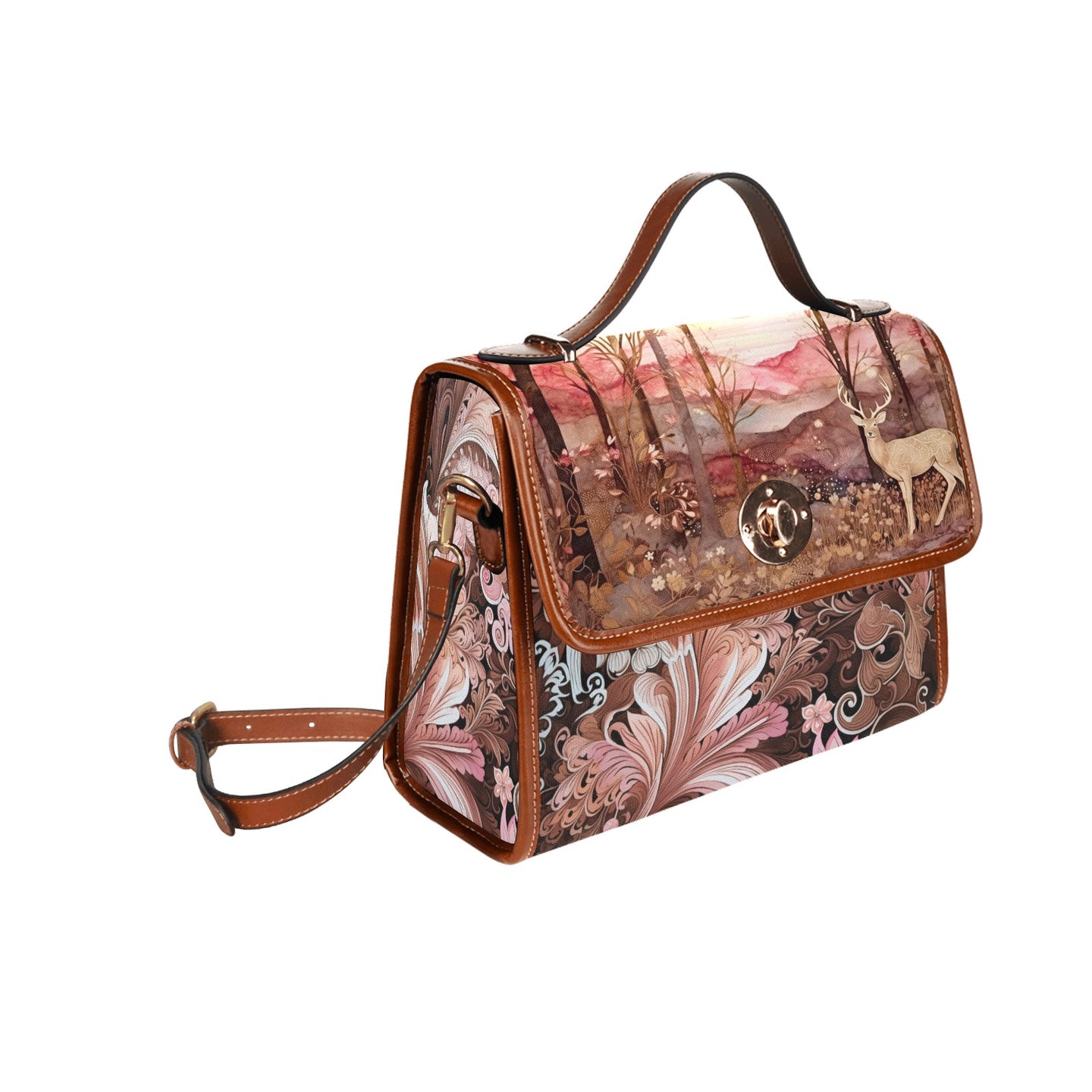 Serene Pink Hills and Forest Deer Satchel Bag