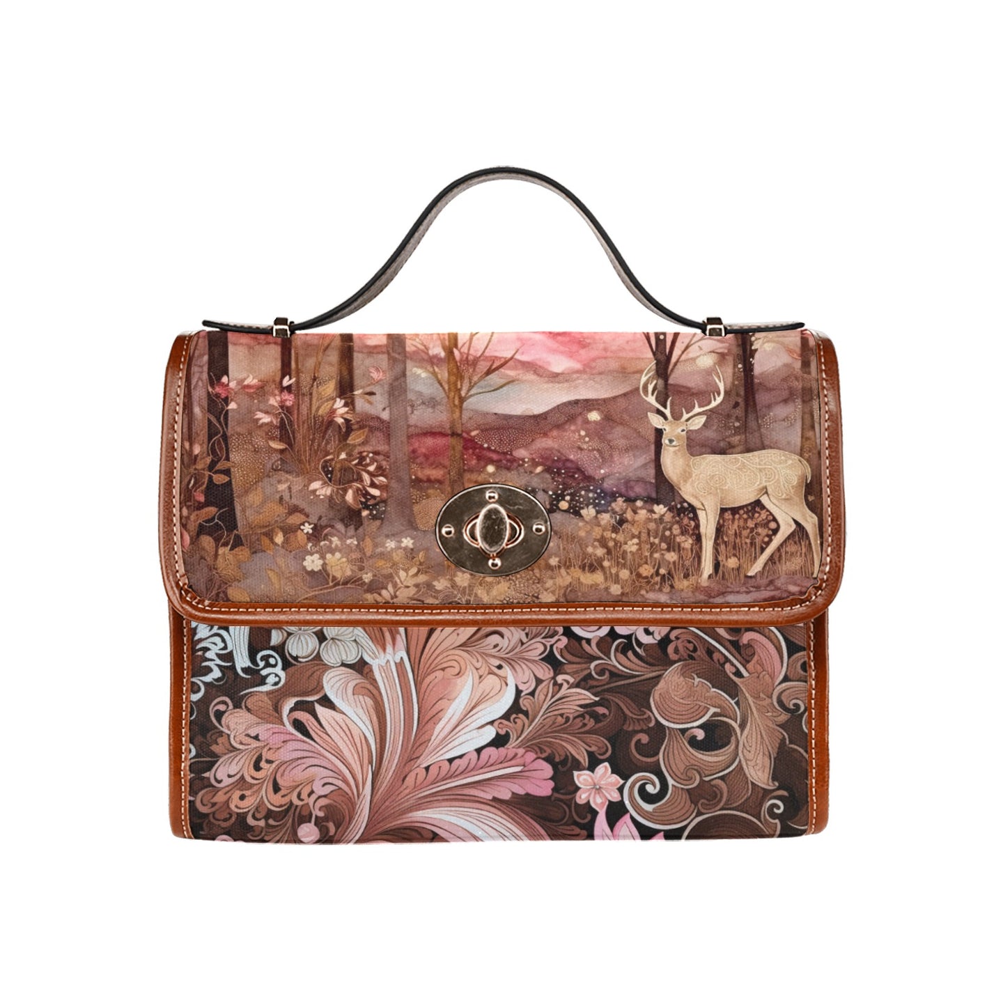 Serene Pink Hills and Forest Deer Satchel Bag