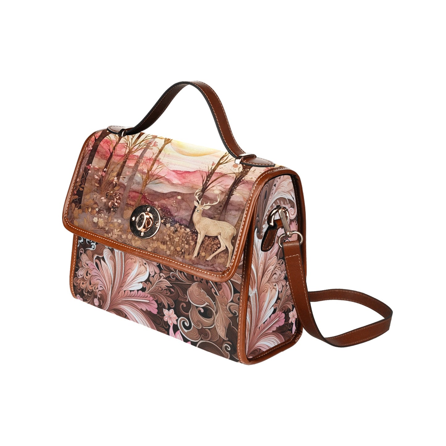 Serene Pink Hills and Forest Deer Satchel Bag